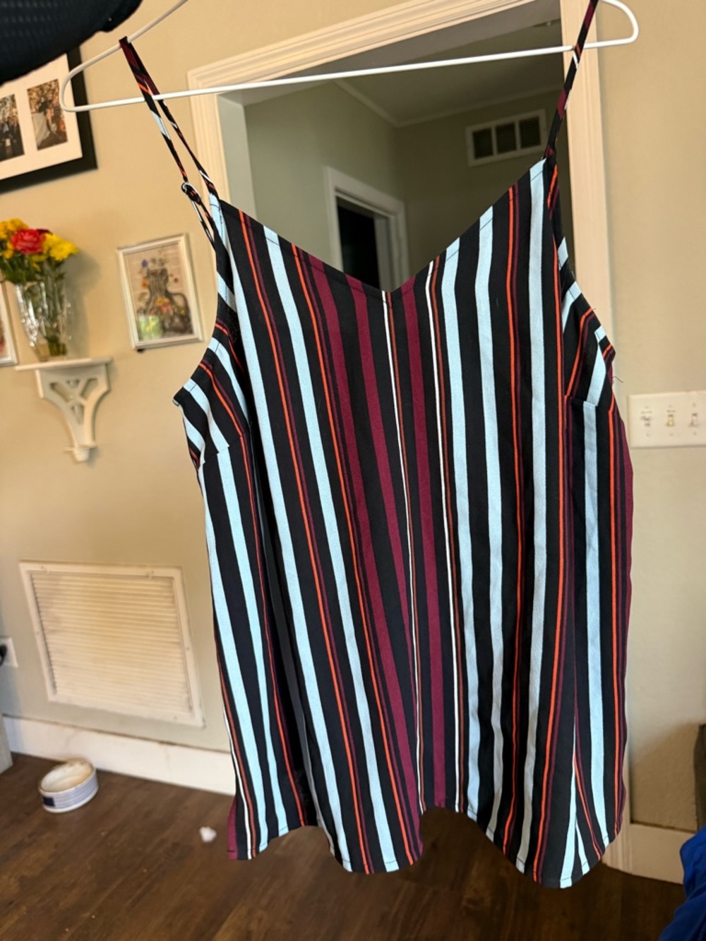 Halogen Black Striped V-Neck Cami with Burgundy and Light Blue Accents XS small